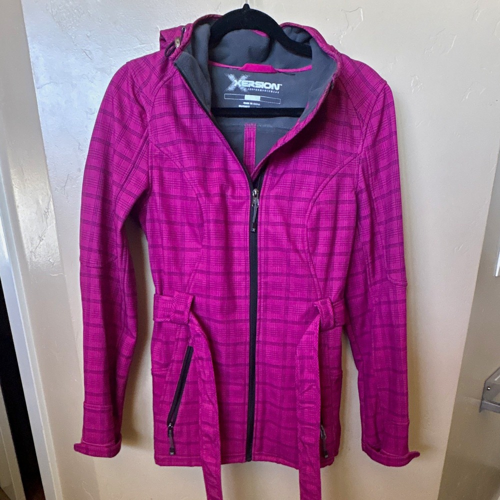 Xersion Performancewear Women's Hooded Full Zip Fleece Plaid Jacket Pink/Gray M